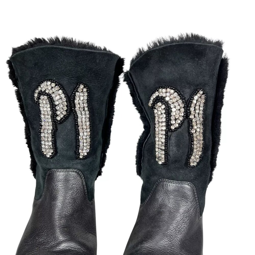 P1 Womens Black Leather Shearling Lining Lug Sole Mid Calf Boots Sz EU38 RARE - Picture 5 of 16